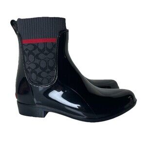 Coach Rivington Signature Logo Knit Black Pull-On Ankle Rain Boots Size 6 Bootie